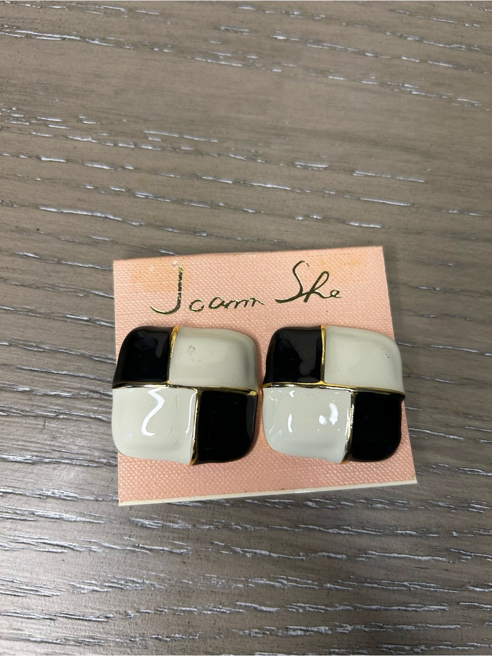 Joann She Vintage Black and White Enamel 80s Earrings Mogul Modern Runway Clipon